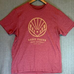 Eddie Bauer Pacific Northwest graphic Tee. Heathered Red Tee with Gold graphics.